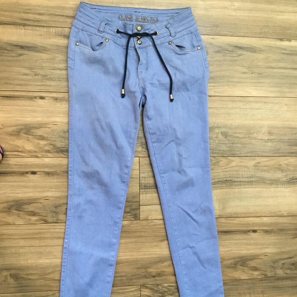 CLASH JEANS Women's Skinny Denim Jeans Mid Rise Stretchy Tie Waist Blue 11